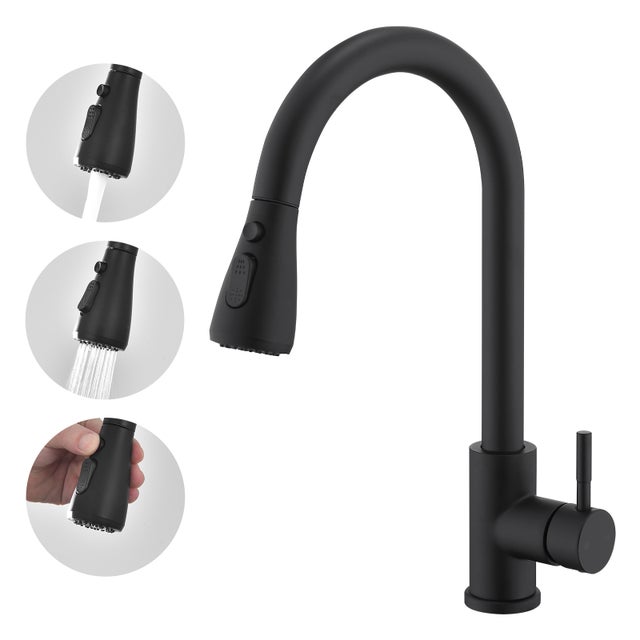 Torneira de Cozinha com Duchinha Extraível Misturador de Cozinha Preto em Aço Inoxidável Torneira de Pia de Cozinha Rotativa a 360° com 3 Modos