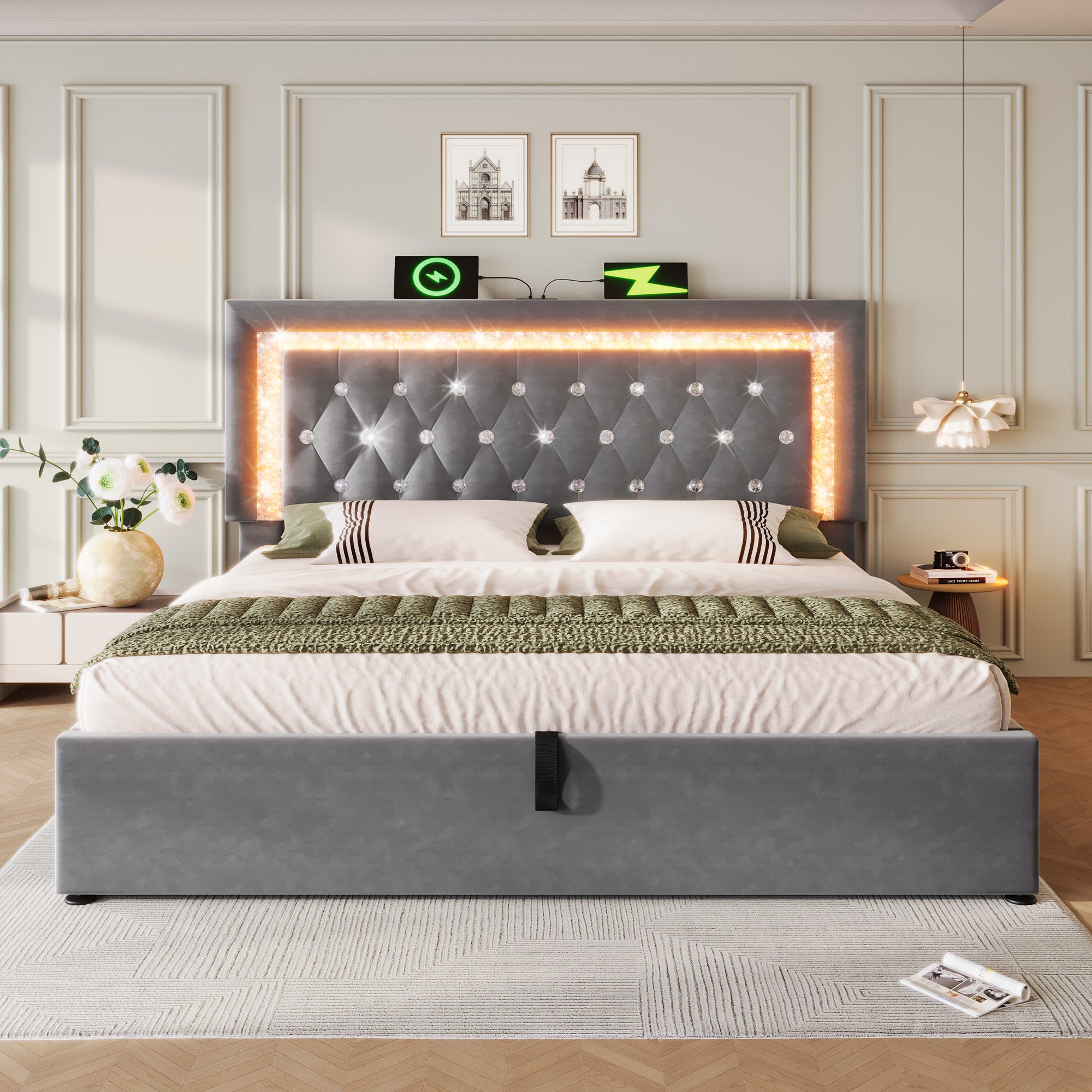 Łóżko tapicerowane z pojemnikiem 180x200 cm z aksamitu - z oświetleniem LED - z portami USB i typu C - z podstawą z listew - szare - 3