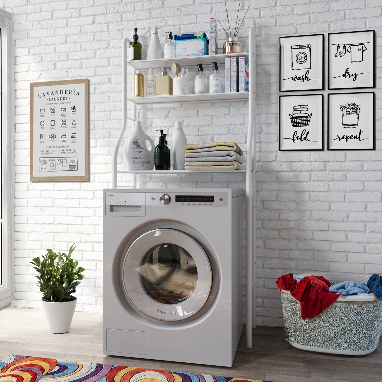 Scaffale Bagno 3 Mensole Ripiano Superiore Mobile Sopra Lavatrice Lavanderia Ripiani Per Appoggio Organizer Da Parete In Metallo 152x65x25 Cm Bianco - 3