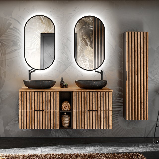 Móvel lavatório duplo 140 cm 2 nichos com espelhos LED e coluna Gaia Madeira e Preto Lavatório Preto