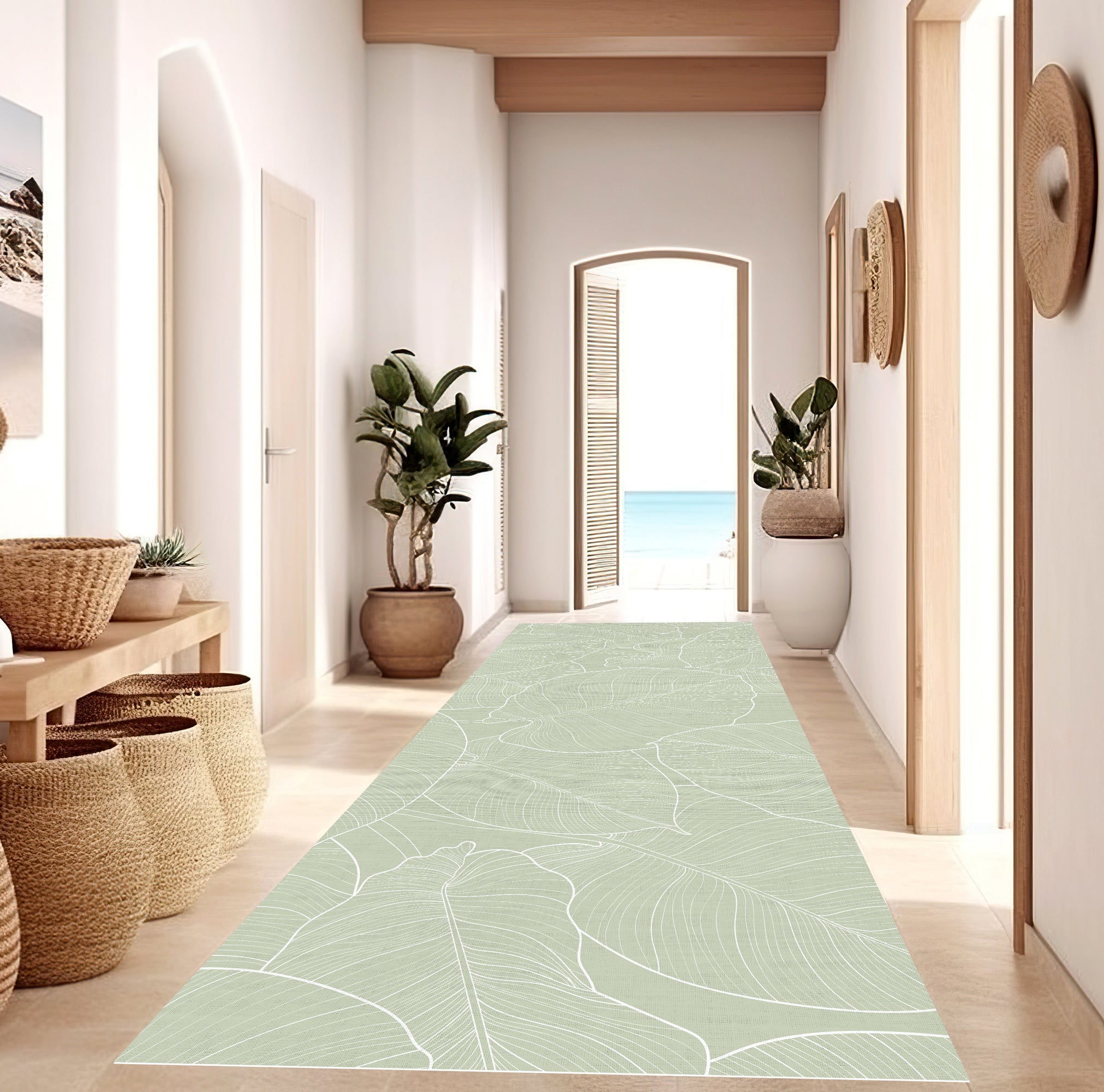 Mata winylowa Green Leaves 80x300 cm - antypoślizgowy, gładki nadruk z PVC, winylowy dywan do kuchni lub salonu, zmywalny