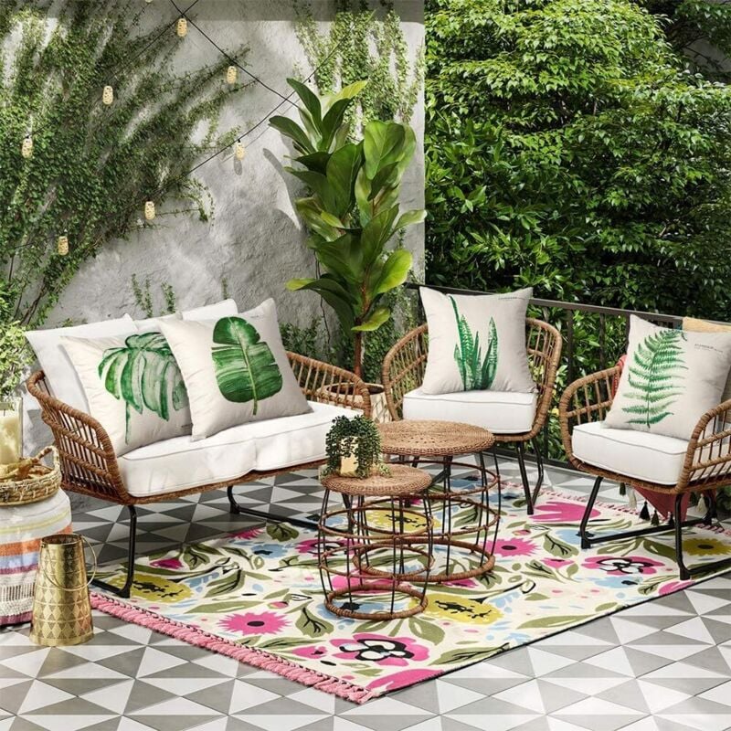 Extérieur Housse de Coussin, Lot de 4 Imperméable Fleurs et Oiseaux Bleus et Verts Motif Canapé Taie d'oreiller pour Patio Jardin Salon Chambre Décora - 5