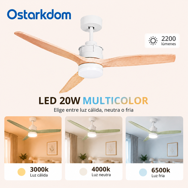 Ventilateur de plafond OstarkDom LED 132 cm avec télécommande, moteur DC silencieux, lumière CCT réglable, minuterie, été/hiver - 6