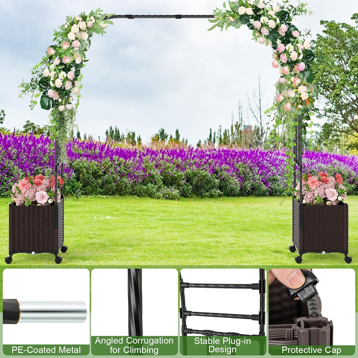 Arche de Jardin avec 2 Jardinières Surélevées, Roues Verrouillables, pour Plantes Grimpantes Fleurs Herbes Légumes Fruits (288x40x202CM) - 7
