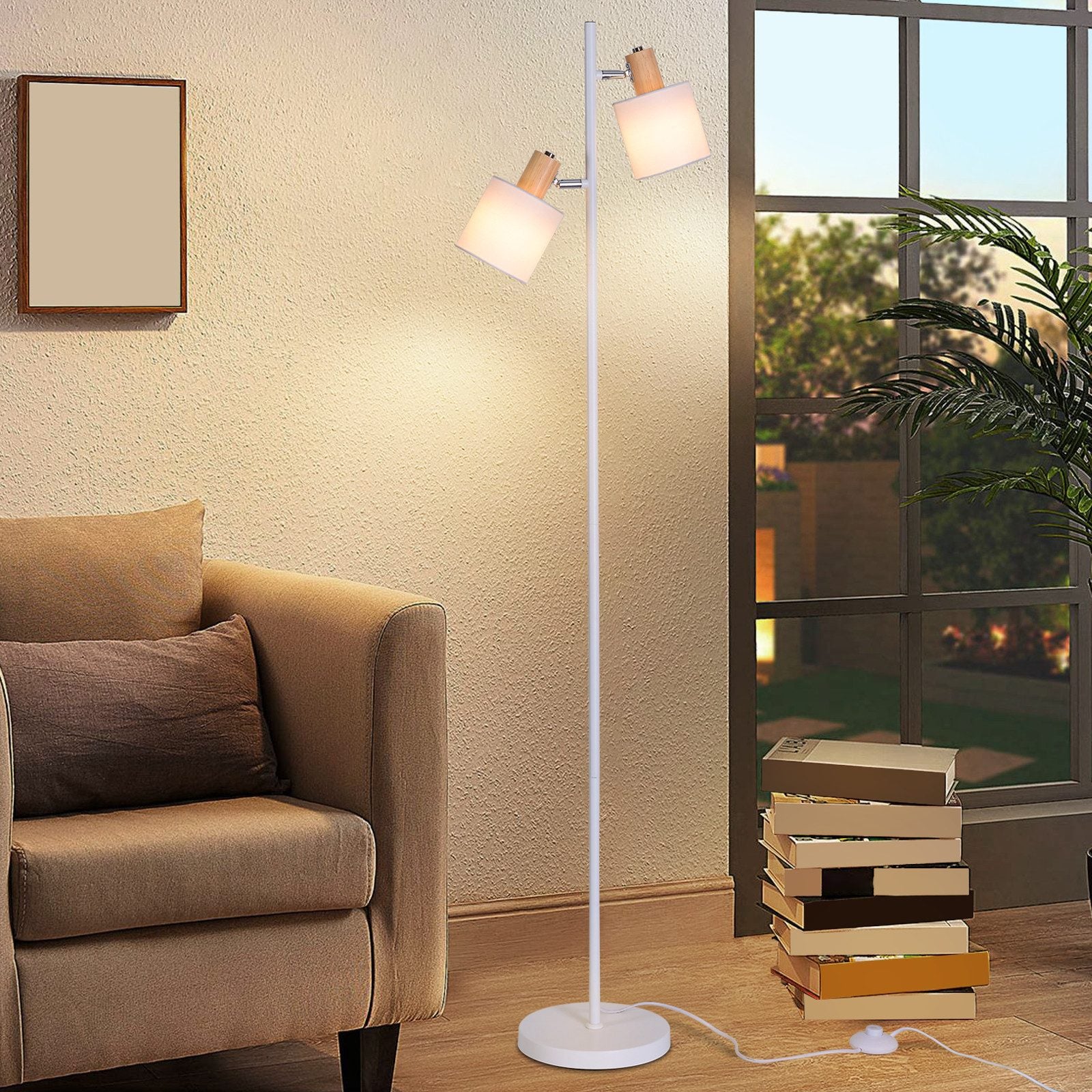 NETTLIFE Lampa podłogowa do salonu 2 żarówki E14 abażur z tkaniny w kolorze białym, lampa podłogowa 145 cm