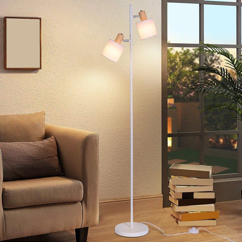 NETTLIFE Lampa podłogowa do salonu 2 żarówki E14 abażur z tkaniny w kolorze białym, lampa podłogowa 145 cm