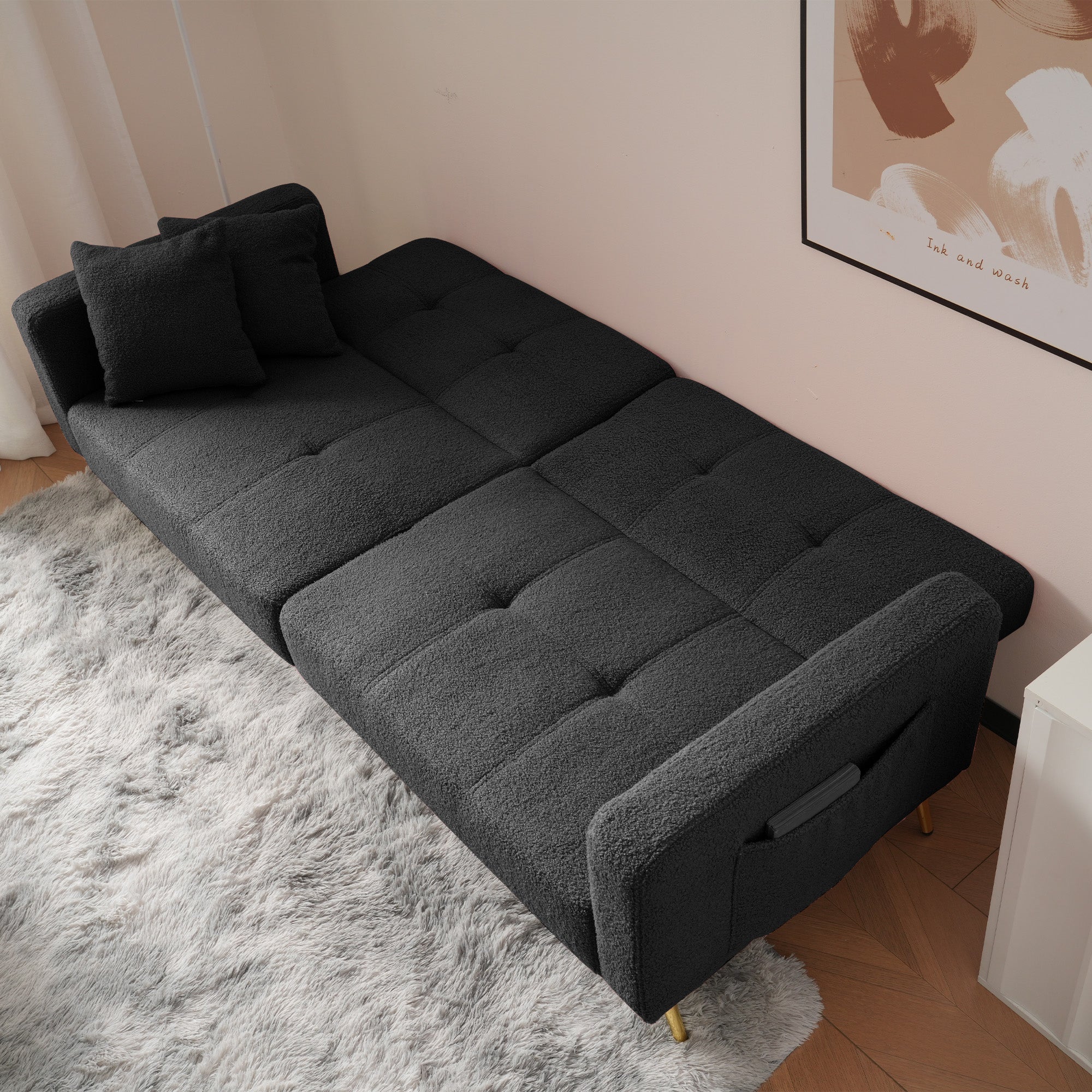 Canapé-lit 175x64x72cm inclinable avec fonction lit et rangements latéraux - Pieds dorés et coussin inclus - gris foncé - 5