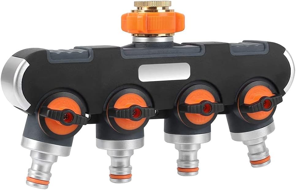 Rozdzielacz 4-drożny (3/4" i 1/2") z adapterem kranowym, idealny do podlewania ogrodu, mycia i opiekowania się zwierzętami. Regulowany i blo