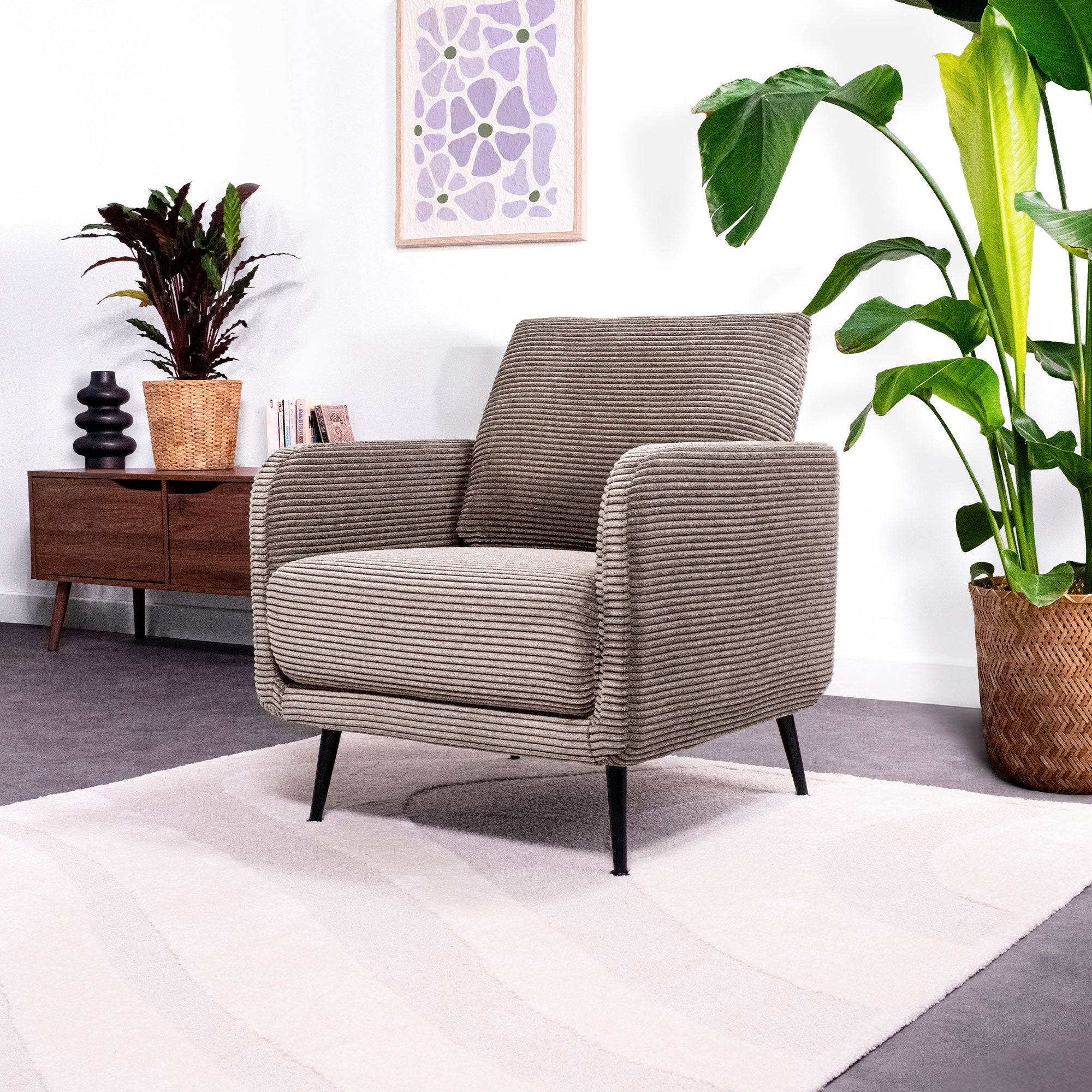 Fauteuil Design Velours Taupe Reuben 75cm (Paris Prix) – Neuf