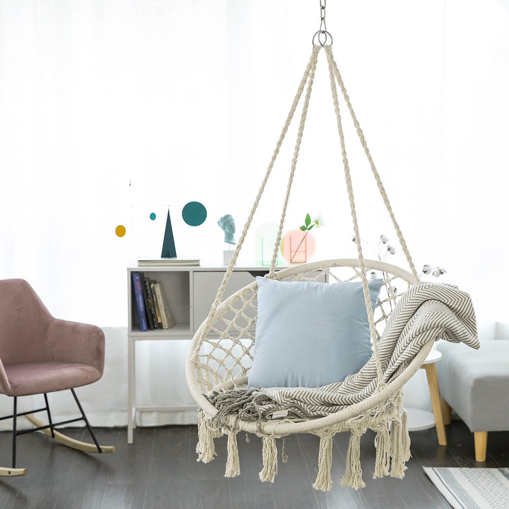 Sobuy Ogs42-mi Chaise Suspendue À Franges En Corde De Coton, Hamac Suspendu Macramé, Fauteuil Balançoire - 2