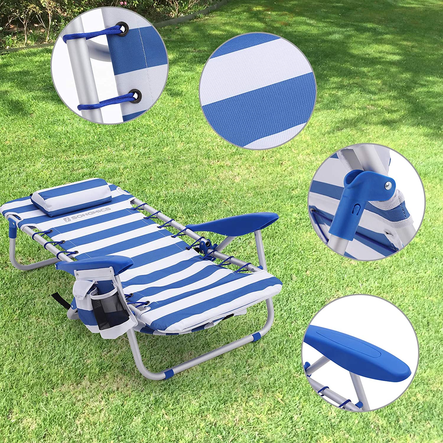 Chaise de Plage Portable,Pliable, Dossier Inclinable jusqu'à 180°, Rayures Bleu et Blanches - 3