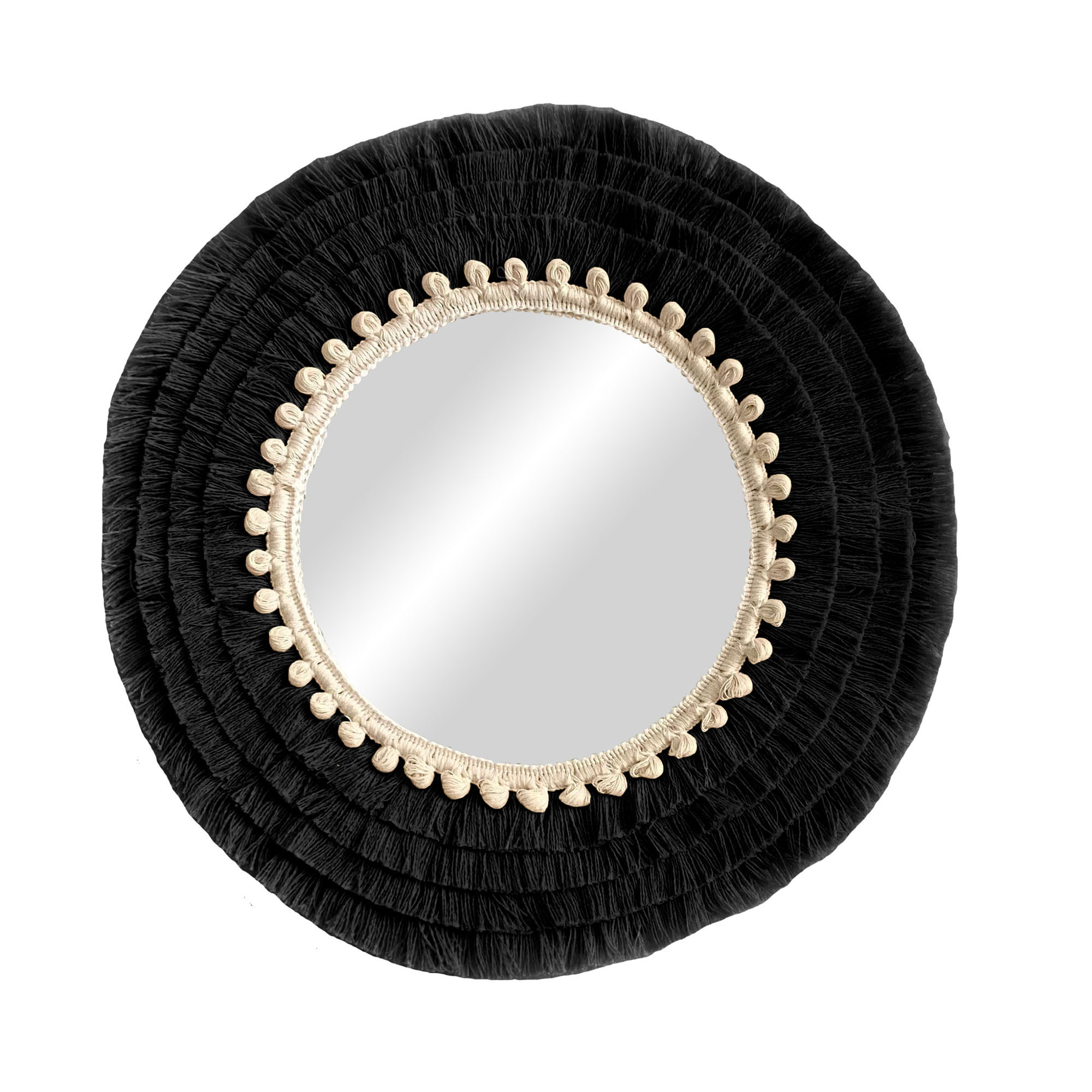 Espejo redondo con flecos de algodón y fibras naturales decoración natural de pared - mirror cotton negro 90cm