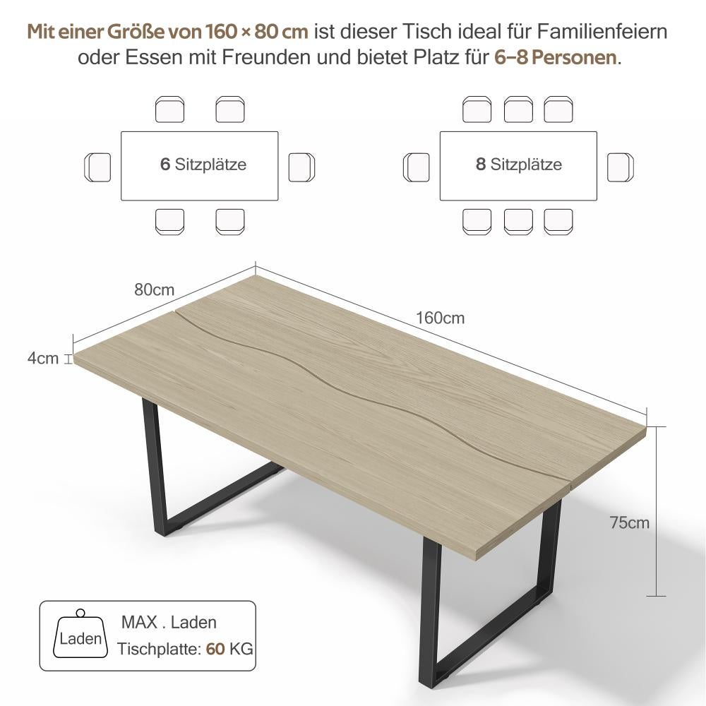 Drewniany stół jadalny w stylu industrialnym 160×80 cm dla 6-8 osób, solidna metalowa rama, odporny na zarysowania i wodę, kompaktowy design - 3
