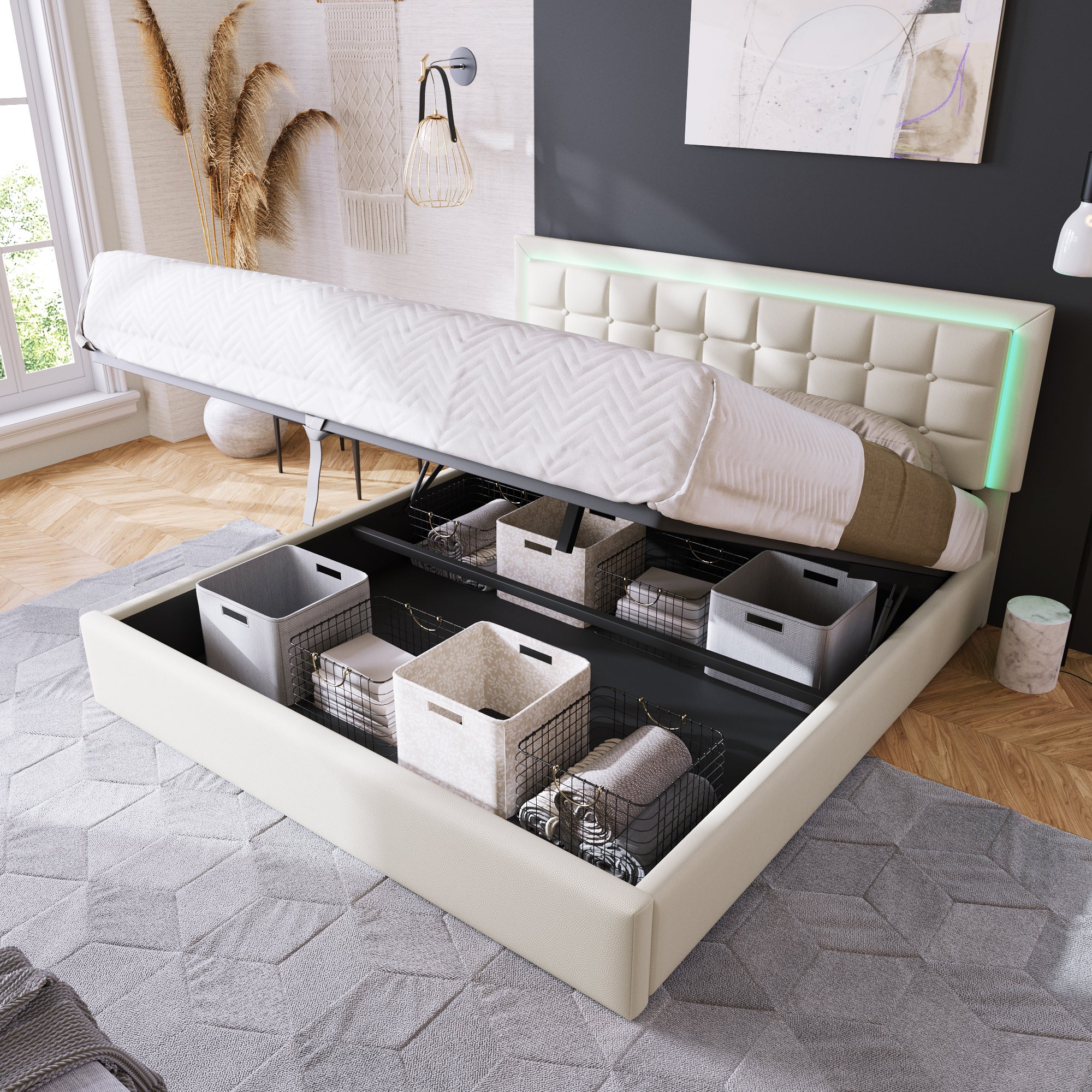 Lit Coffre Double 160x200 Avec Rangements, Ports USB Et LED – Design Moderne En Cuir PU Et Bois Clair