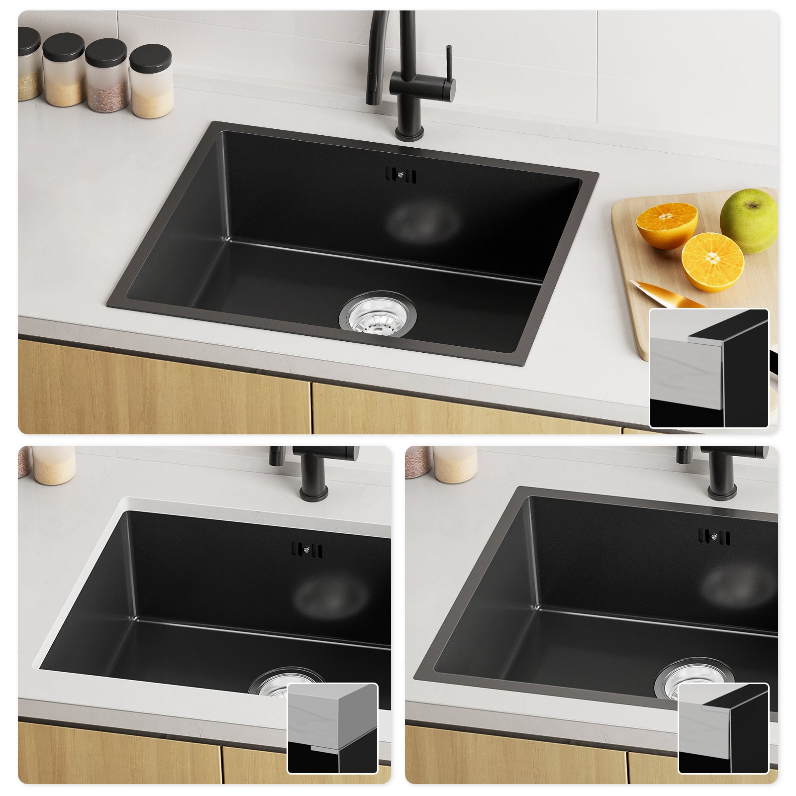 Auralum max Évier de Cuisine 1 Bac 60*44*20CM,Évier 1 Cuve en Acier inoxydable 304,Évier à Encastrer et sous-plan avec Panier de Drainage,Gris-Noir - 6