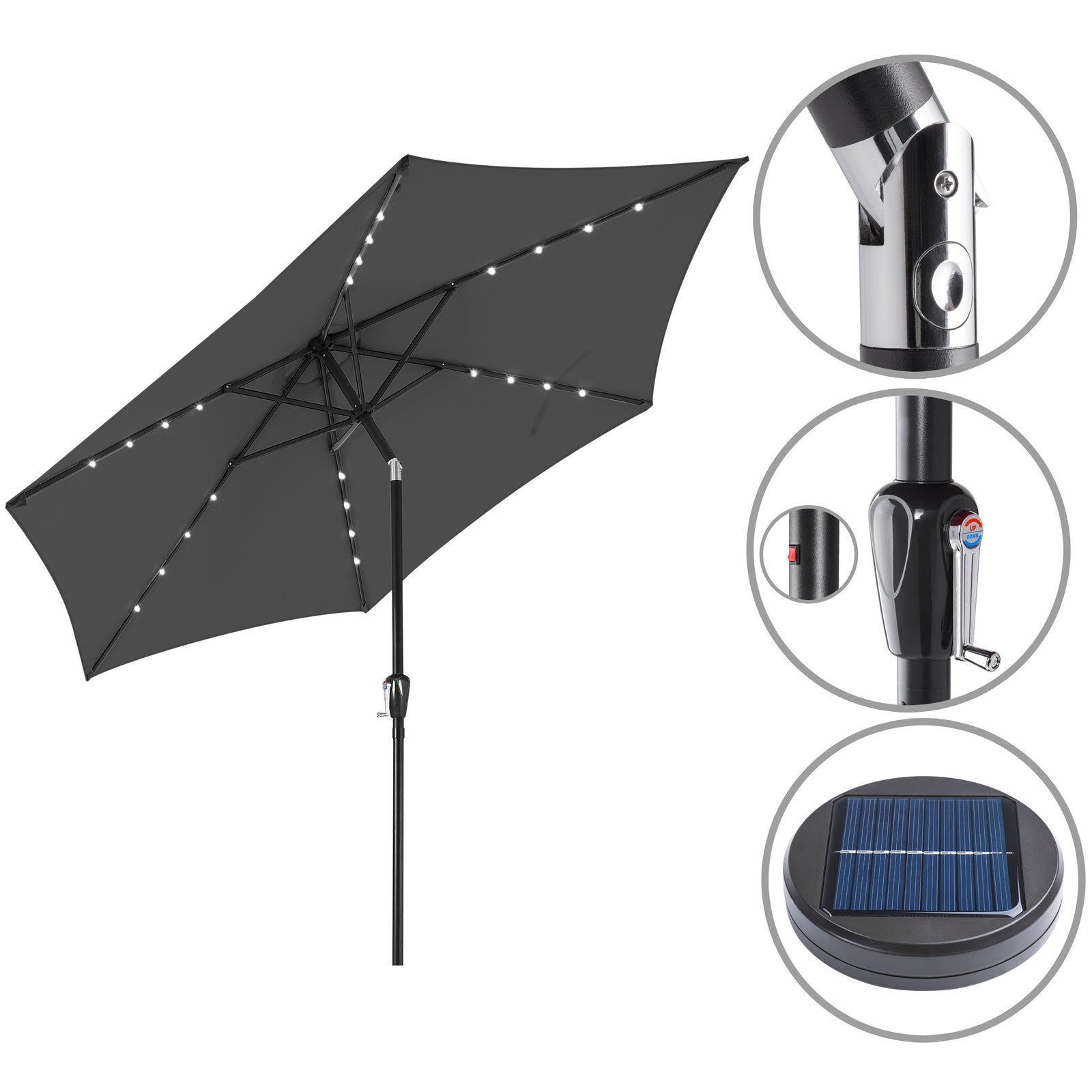 KINGSLEEVE® Parasol de jardin extérieur LED solaire 270cm anthracite Pare-soleil inclinable avec manivelle Protection UV 80+ - 4