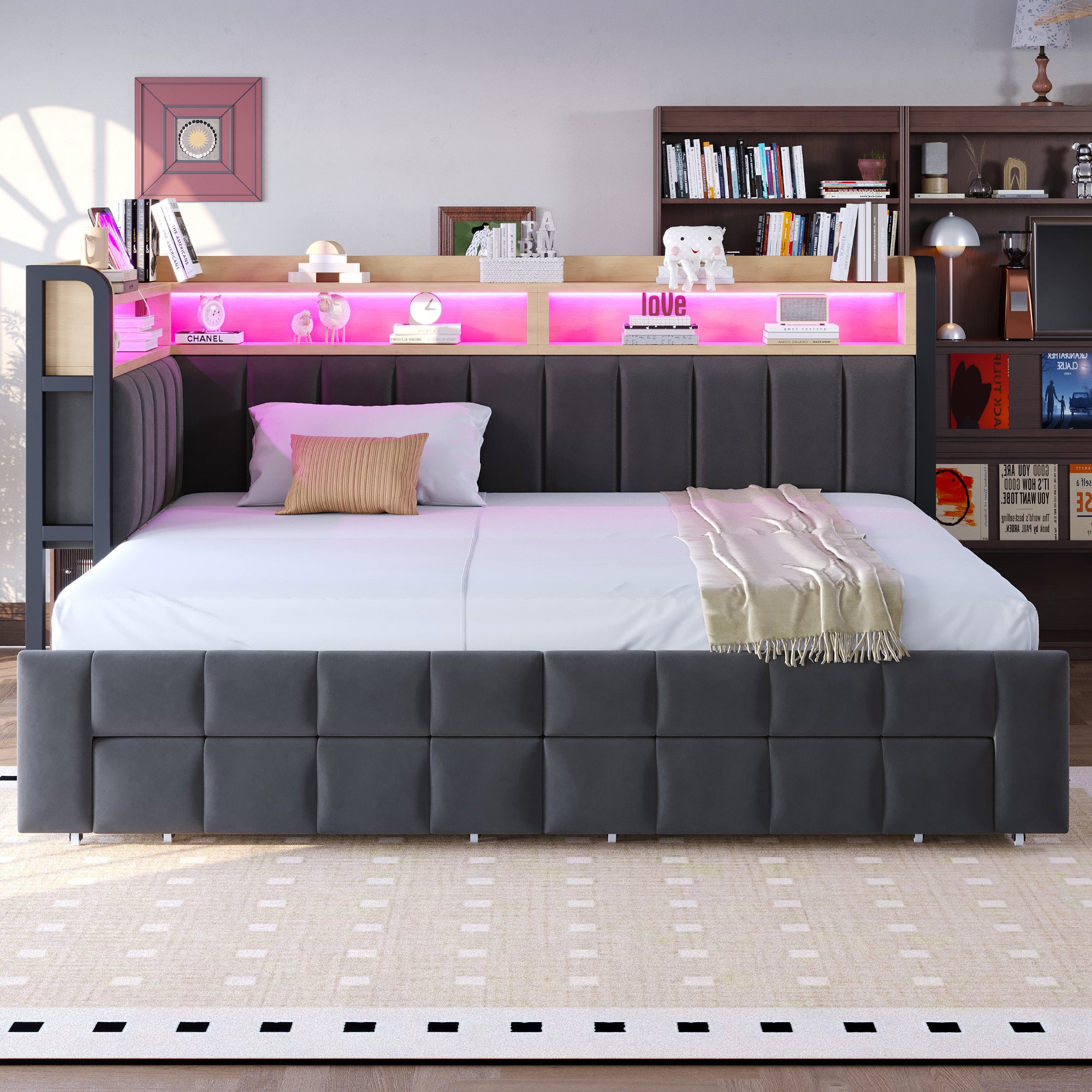 Canapé-lit 90/180×200cm avec éclairage LED et port,Lit capitonné avec lit gigogne et espace de rangement,Velours,Gris foncé (matelas non inclus) - 3