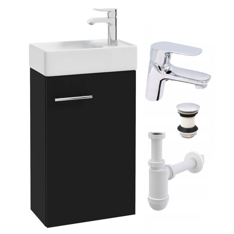 Szafka Łazienkowa Wisząca z Umywalką 40 x 22 cm Czarny Mat Bateria Chrom