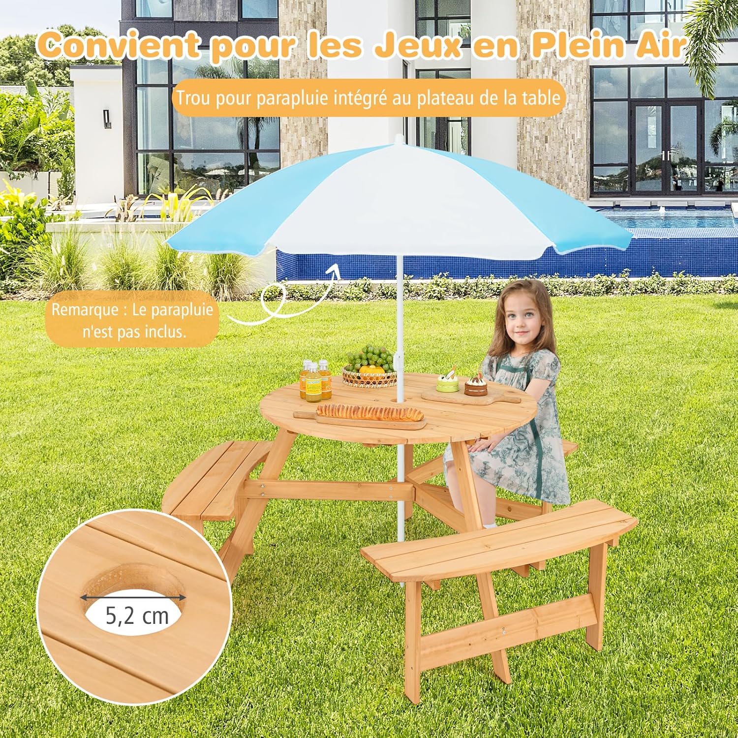 COSTWAY Table Pique-Nique Enfants Bois Sapin - 3 Bancs Intégrés - Trou Parasol - 3-8 Ans