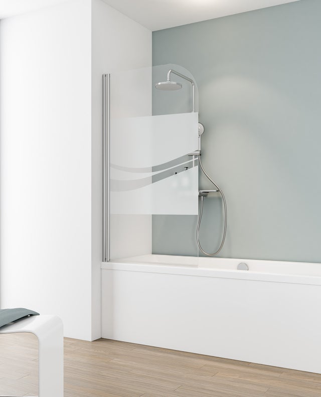 Pare-baignoire pivotant sérigraphié aspect chromé, H.140 x l.80 cm SCHULTE, anticalcaire, paroi de baignoire réversible, 5mm pliant, rabattable, liane