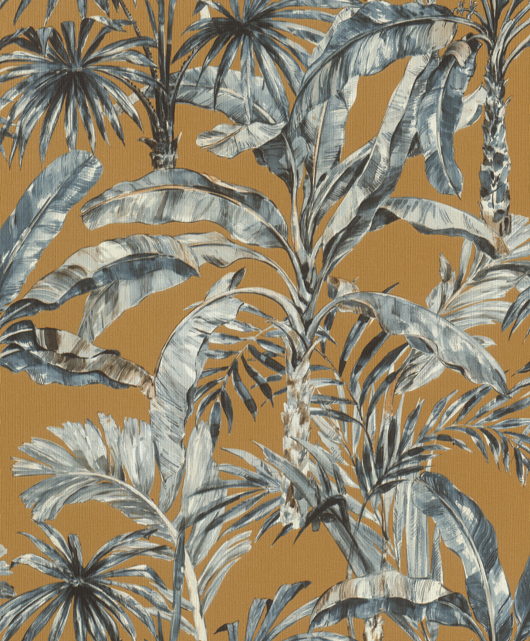 Papel pintado rasch 485264 - papel pintado de tejido-no tejido ocre con hojas de palmera en azul-gris claro