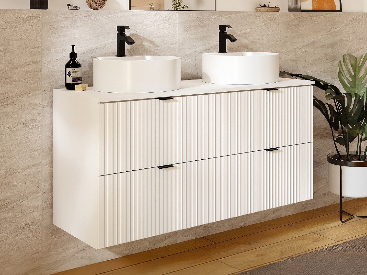 Wisząca ryflowana szafka łazienkowa z okrągłą umywalką nablatową - Biały mat - 120 cm - ZEVINI