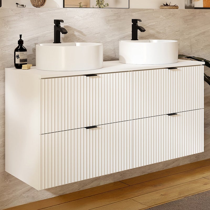 Wisząca ryflowana szafka łazienkowa z okrągłą umywalką nablatową - Biały mat - 120 cm - ZEVINI