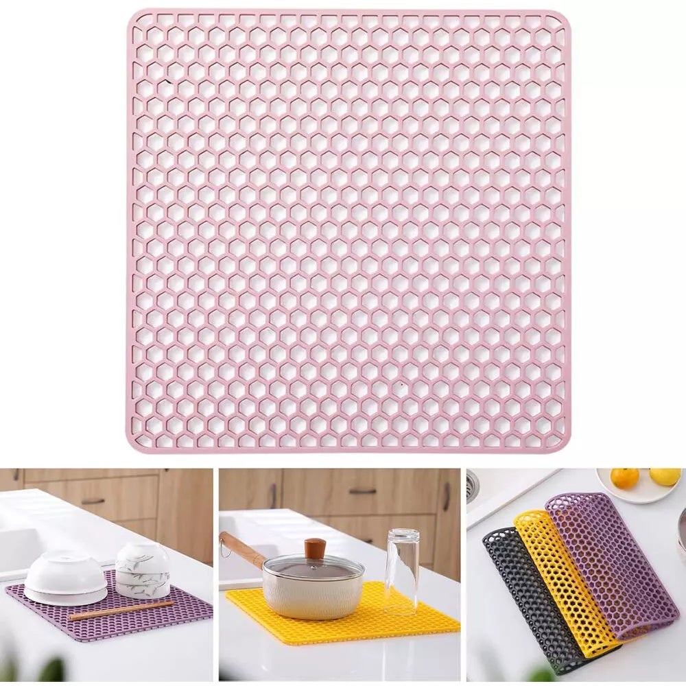 Silikonowa mata do osuszania zlewu, odporny na ciepło prostokątny ociekacz do naczyń, mata niekapiąca, 30,5 x 30,5 cm, różowy