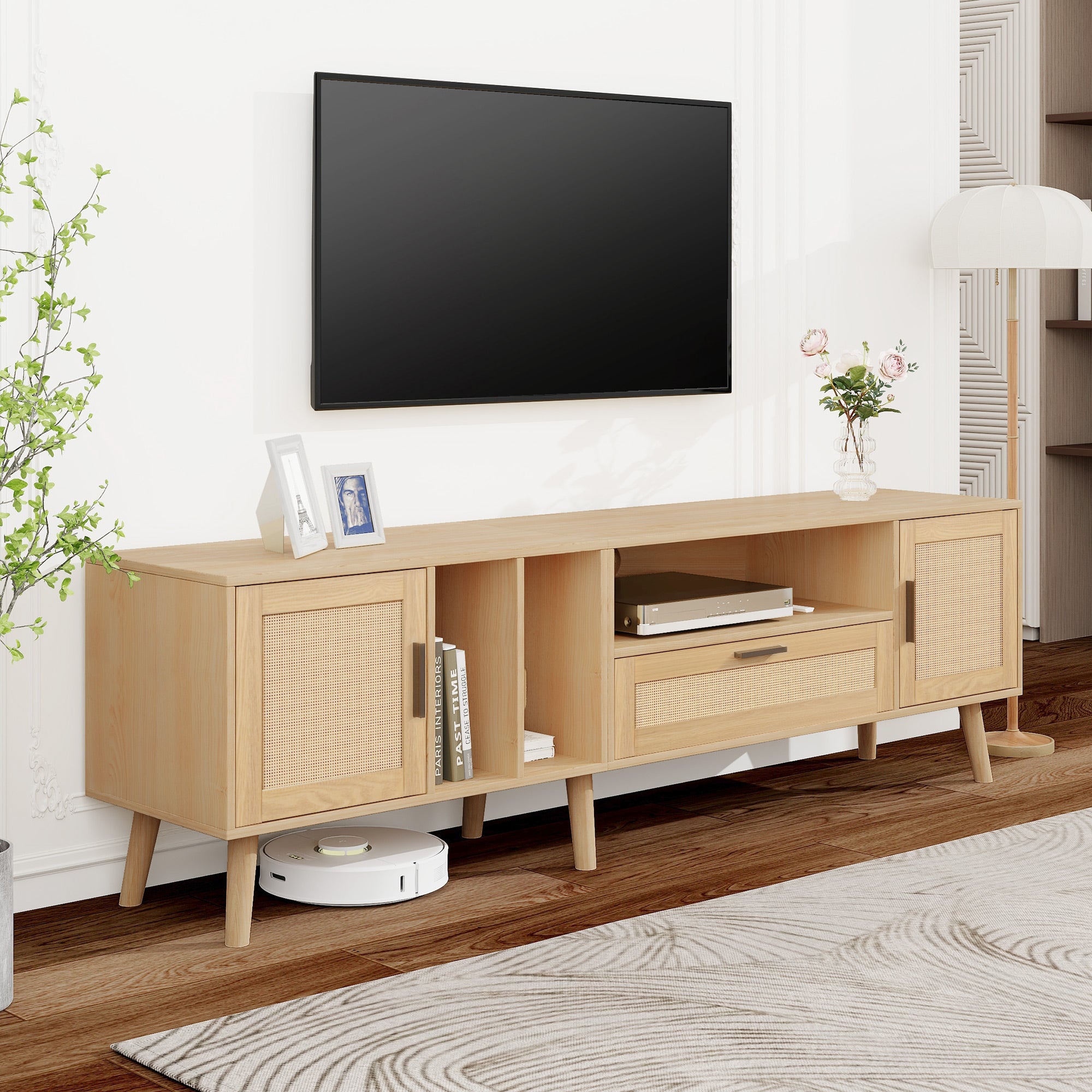 Stojak pod TV 180 cm zdobiony rattanem - 2 drzwi i 1 szuflada - nogi z litego drewna - naturalny