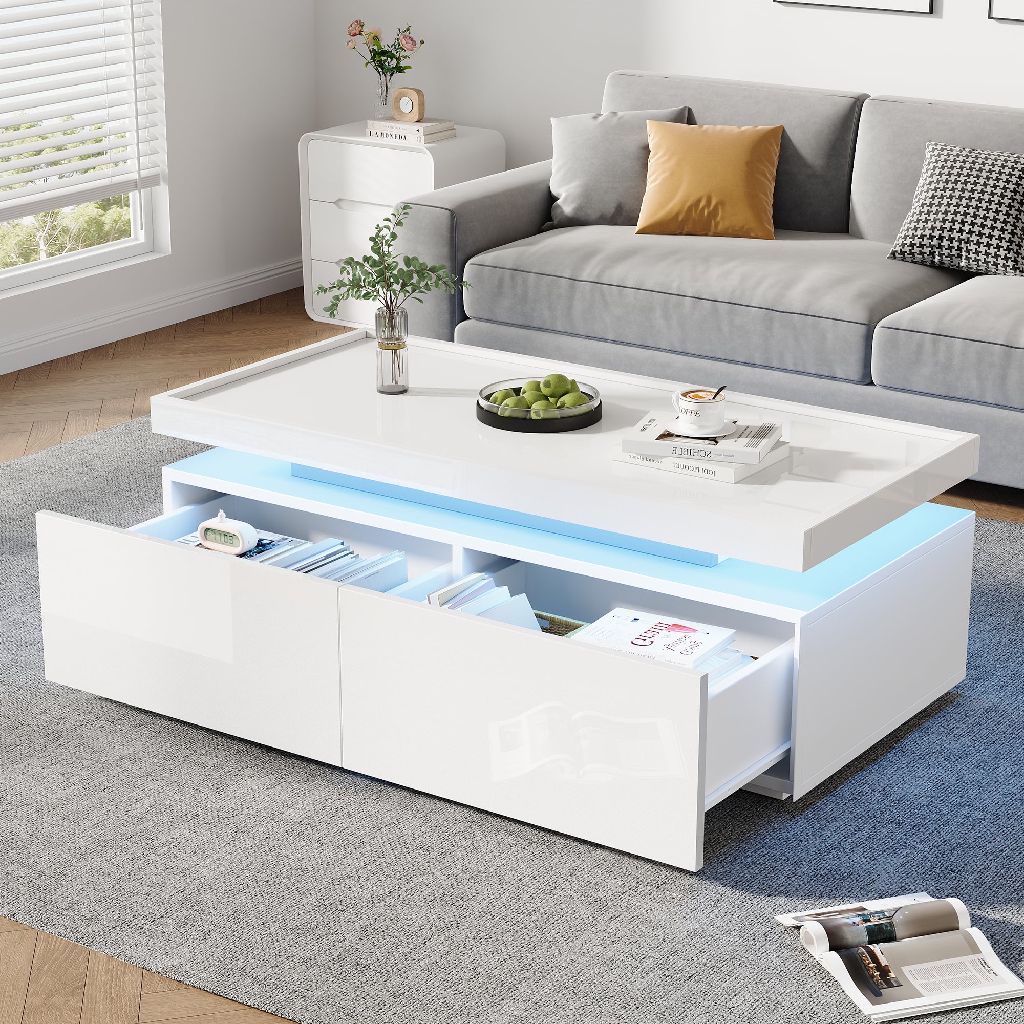 Stolik kawowy z 2 szufladami, stolik pomocniczy - 95 x 45 x 35 cm - Diody LED - Płyta wiórowa - Biały połysk