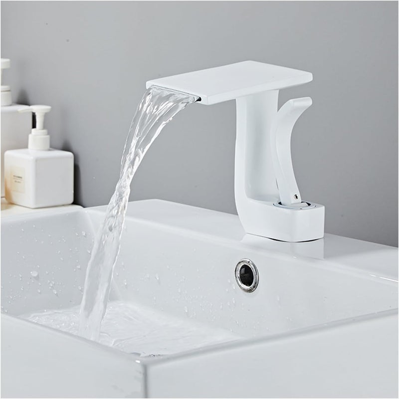 Biały kran do umywalki w stylu wodospadu z regulacją ciepłej i zimnej wody