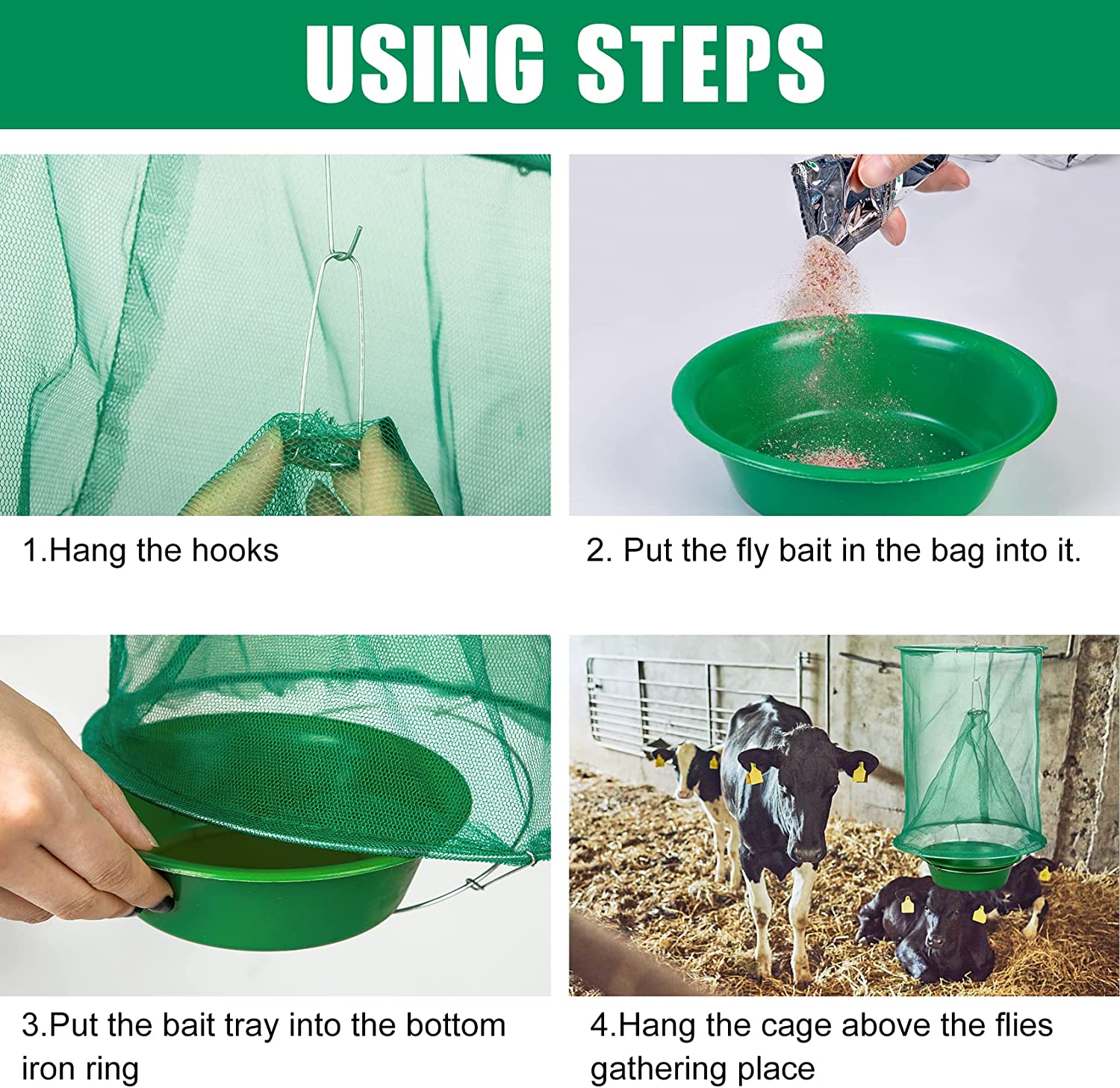 4 confezioni di trappole per mosche da esterno, gabbia per mosche riutilizzabile, repellente per mosche da esterno e da interno, verde - 3