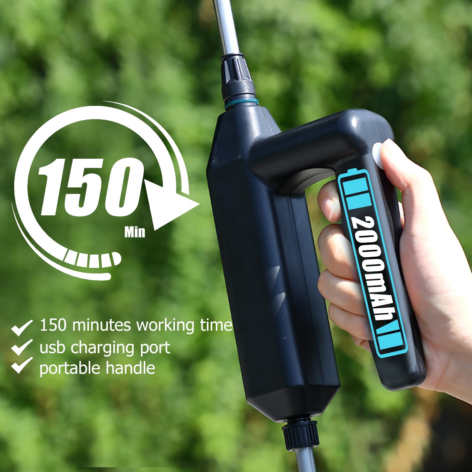 Pulvérisateur électrique 7,4 V, pulvérisateur de plantes rechargeable avec tuyau de 8 m et 3 buses, lance d'arrosage pour pelouse et lavage de voiture - 3