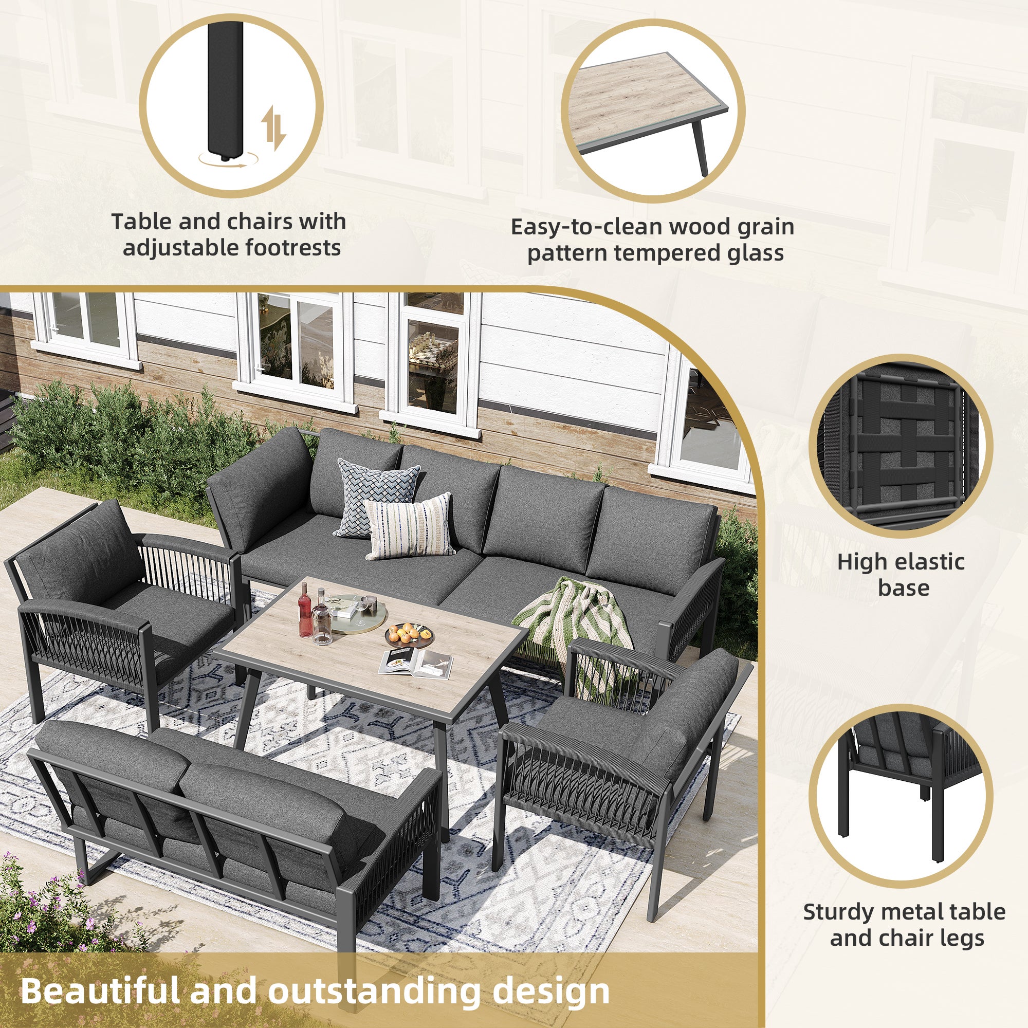 Ensemble de meubles de jardin pour 8 personnes, Salon de jardin Exterieur en fer avec table imitation bois- Pieds réglables - Coussins inclus - gris - 6