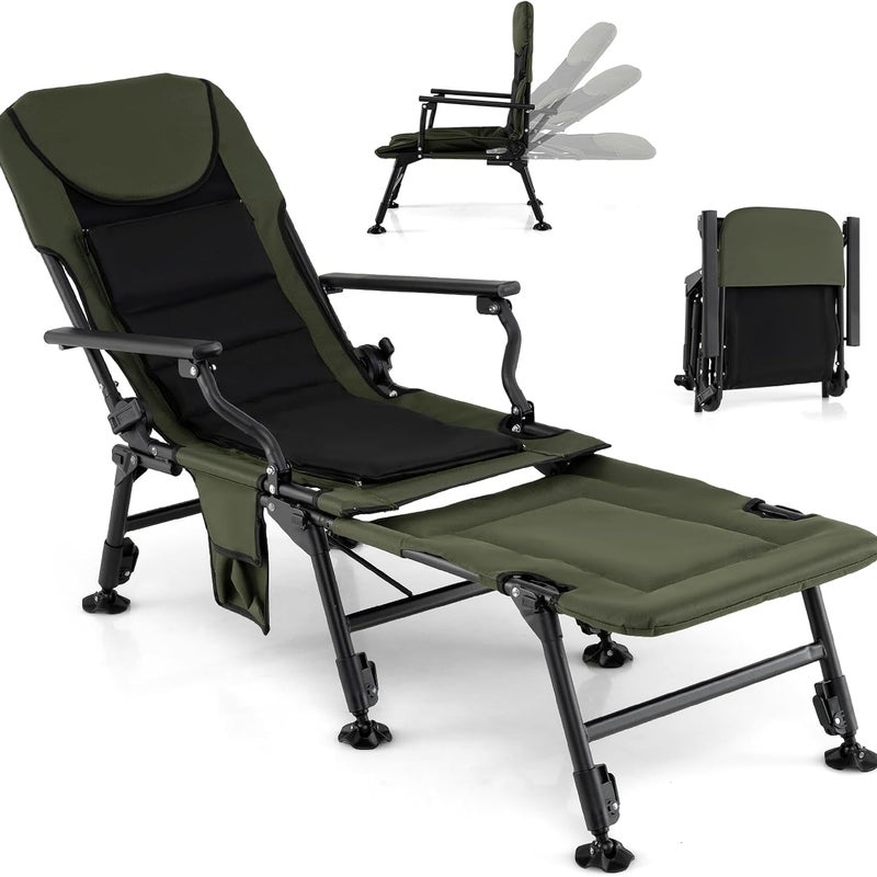 Składane Krzesło Wędkarskie, Tapicerowane Krzesło z Oparciem Regulowanym do 180° i Podnoszonymi Nóżkami, Obciążenie do 150 kg, Ogród