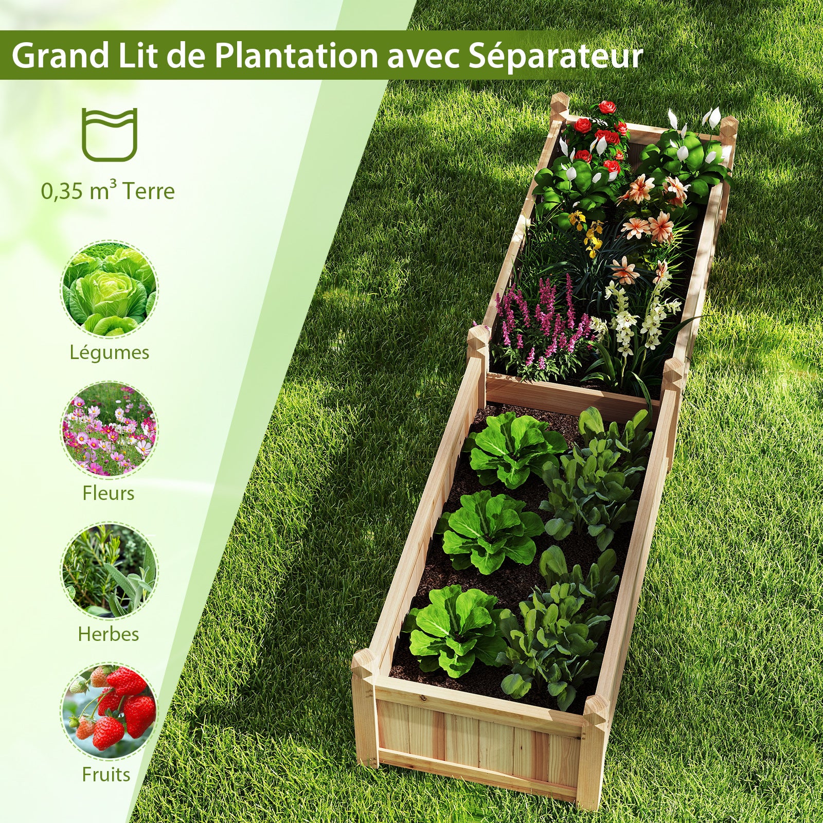Jardinière Rectangulaire 227 x 59,5 x 40 cm avec Séparateur, Système de Drainage, Doublure, pour Cultiver des Légumes, Fleurs, Naturel - 8