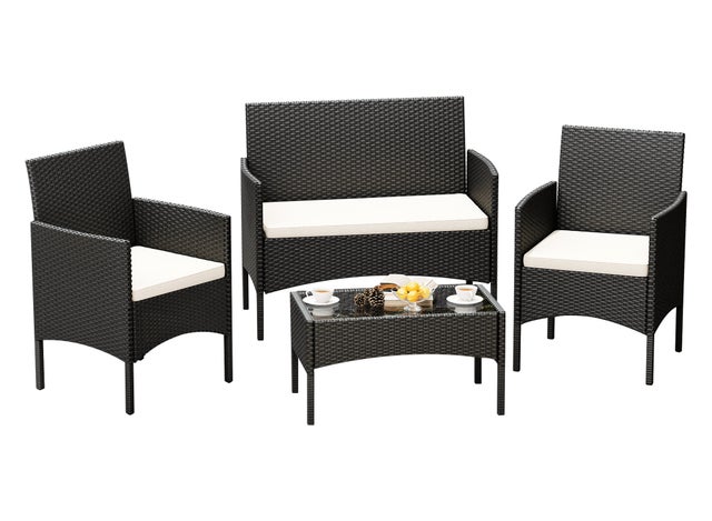 Salotto Da Esterno In Rattan 2 Poltrone 1 Divano 1 Tavolo Con Cuscini Relax Primavera Estate Mobili Estivi 4 Posti Tavolo Ripiano In Vetro