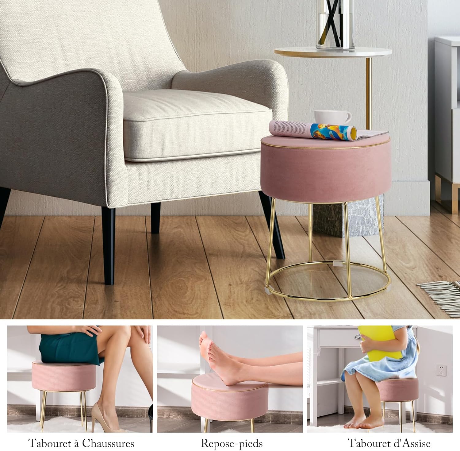 Pouf Rotondo Poggiapiedi 41cm, Sgabello Moderno da Trucco con Base in Metallo, Sedile Imbottito Spesso e Piedini Antiscivolo per Toeletta, Com - 6