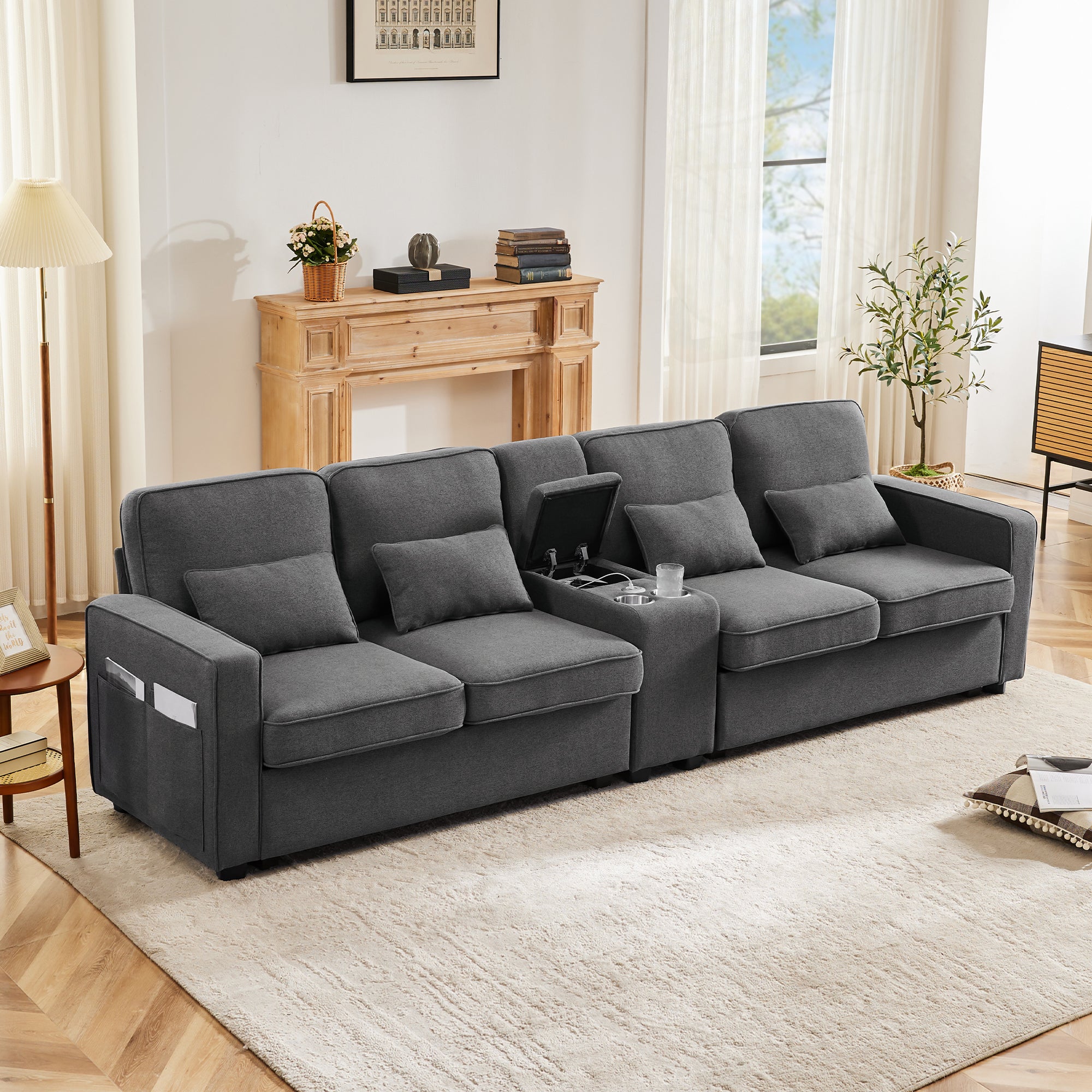 Canapé 4 Places 290x83x88 cm, Poches Rangement, USB Charge, 2 Porte ...