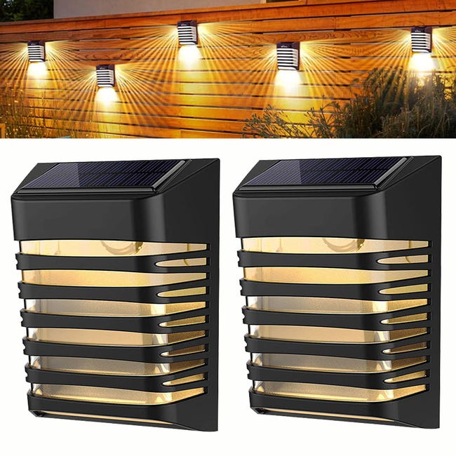 Zestaw 2 lamp solarnych LED na patio, zewnętrznych lamp solarnych ściennych, wodoodpornych IP65, z 2 trybami, ciepłe białe światło