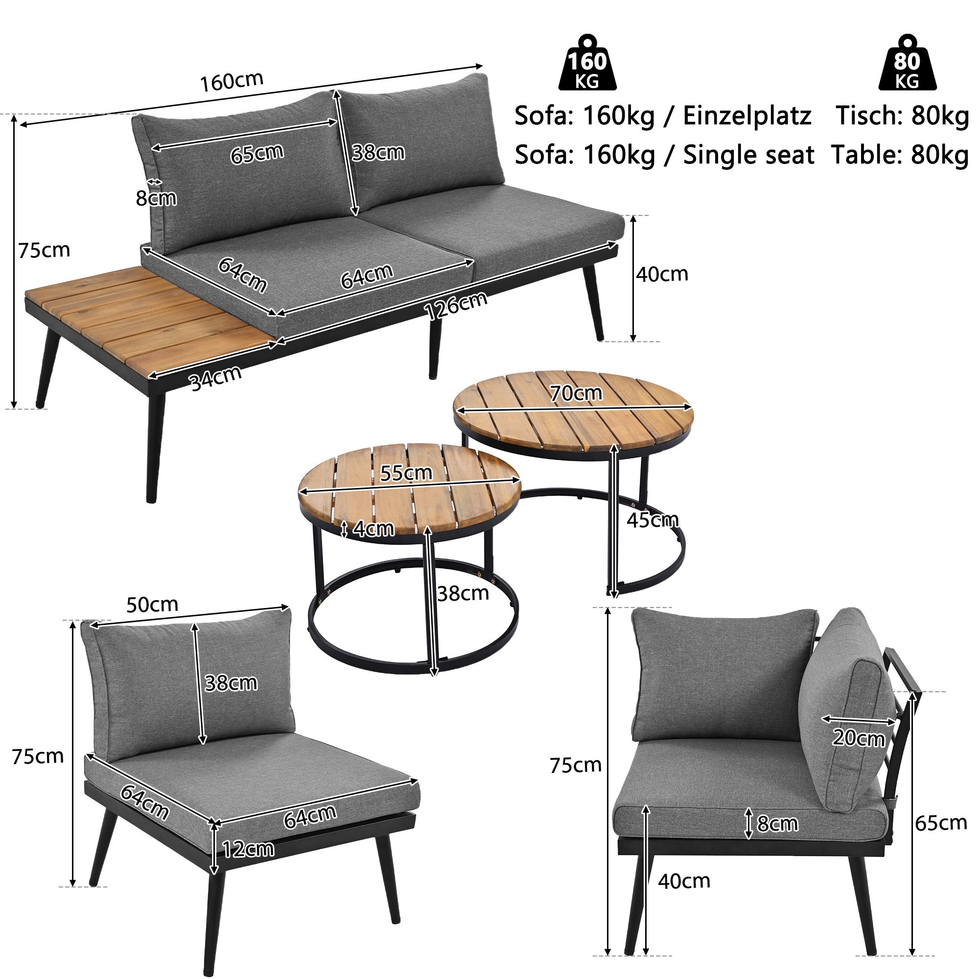 Conjunto de muebles de jardín modulares de 6 plazas - 2 sofás + 2 sillas + mesas de centro nido - gris antiguo + marrón - 5