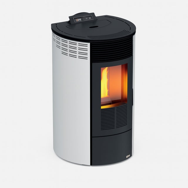 Poêle à granulés rond noir 7 kW blanc. Chauffage efficace, design moderne et programmation automatique pour chauffer votre maison avec style.