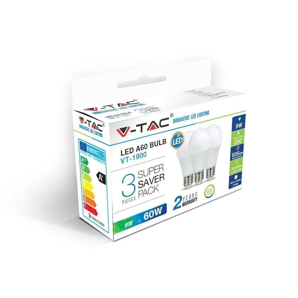 Lampadina LED 9W E27 A60 Blister 3 unità VT-1900 - 6400K - 2