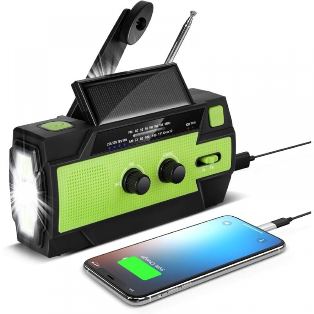 Przenośne radio z korbką zasilane energią słoneczną, ładowalne, AM/FM/WB, wbudowany akumulator 4000 mAh, latarka, alarm SOS, zielone