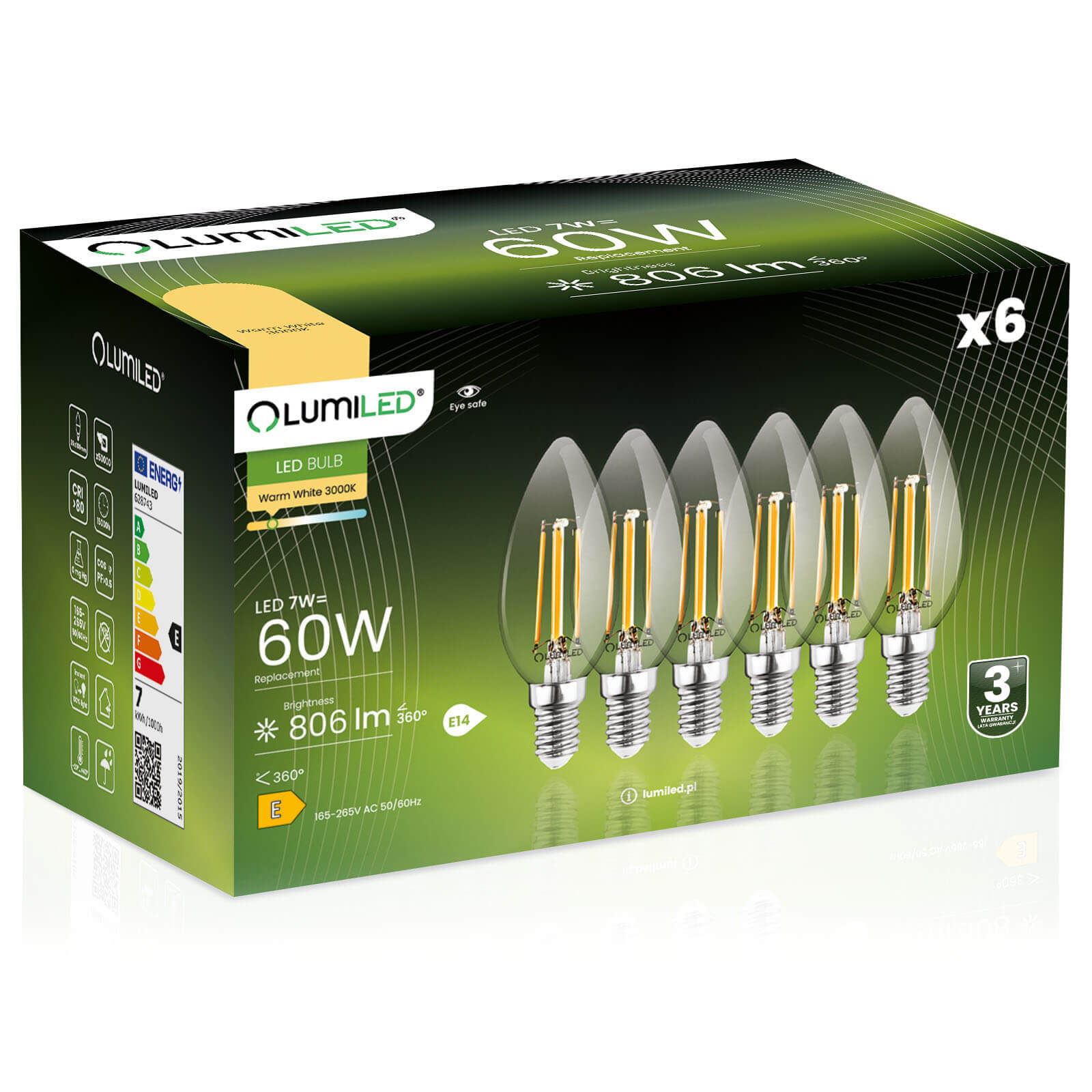6x Żarówka Lumiled LED E14 Świeczka B35 7W = 60W 806lm 3000K Ciepła 360st Filament