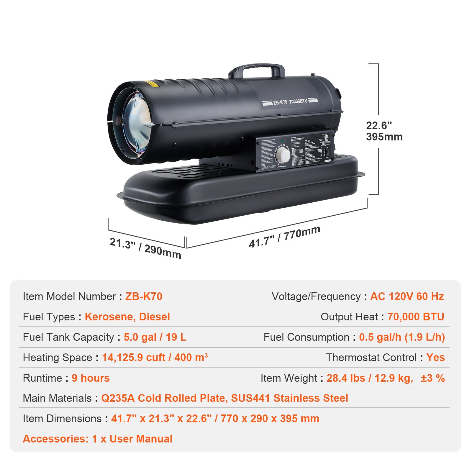 Chauffage portatif SucceBuy kérosène / diesel 70 000 BTU avec thermostat et réservoir 19 L, idéal maison, atelier, chantier et usage industriel - 9