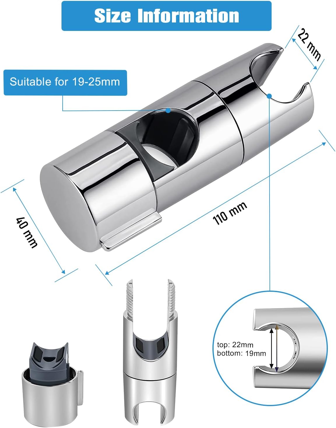 Support de douche, support de pomme de douche coulissant réglable 19-25 mm, curseur de support de douche sans perçage, rotation à 360 ° - 2