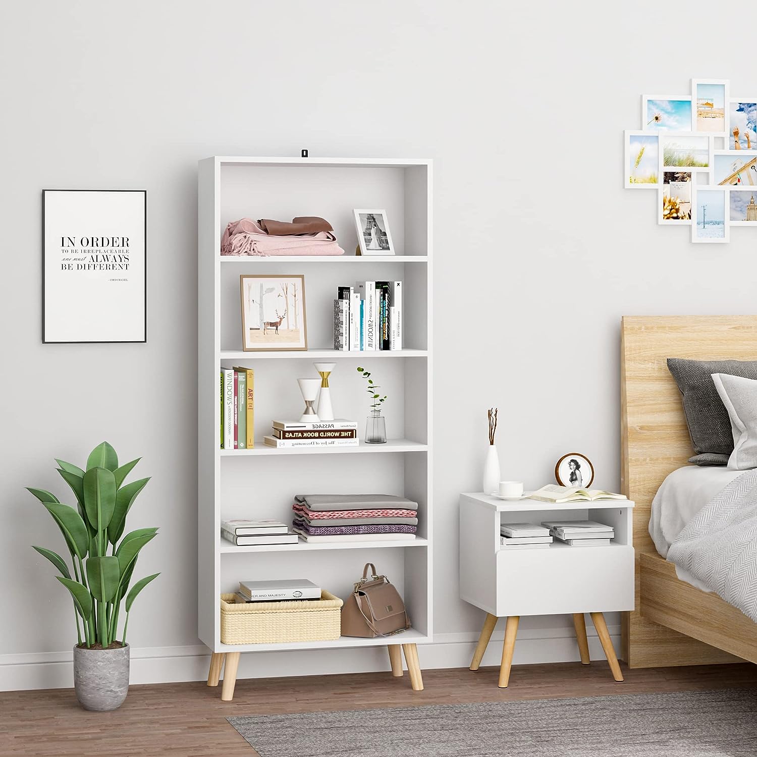 WOLTU Bibliothèque Meuble de Rangement. Étagère de Rangement avec Pieds en Bois et 5 Compartiments. Blanc 60x24x144cm - 5