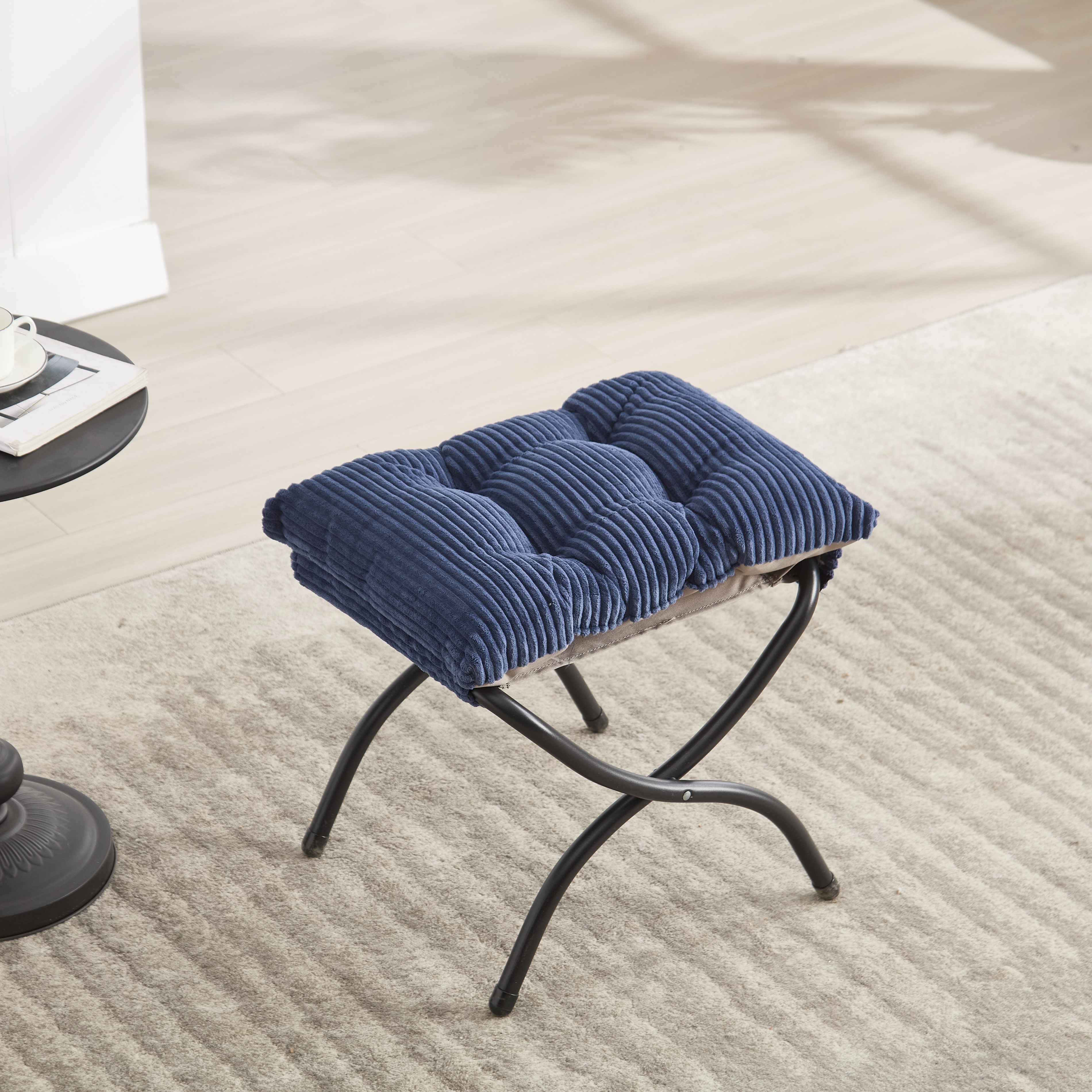 Chaise Longue Ergonomique avec Ottoman et Pochette Latérale, Fauteuil Lounge Confortable en Coton PP, Relaxation et Rangement Pratique, Bleu marine - 3