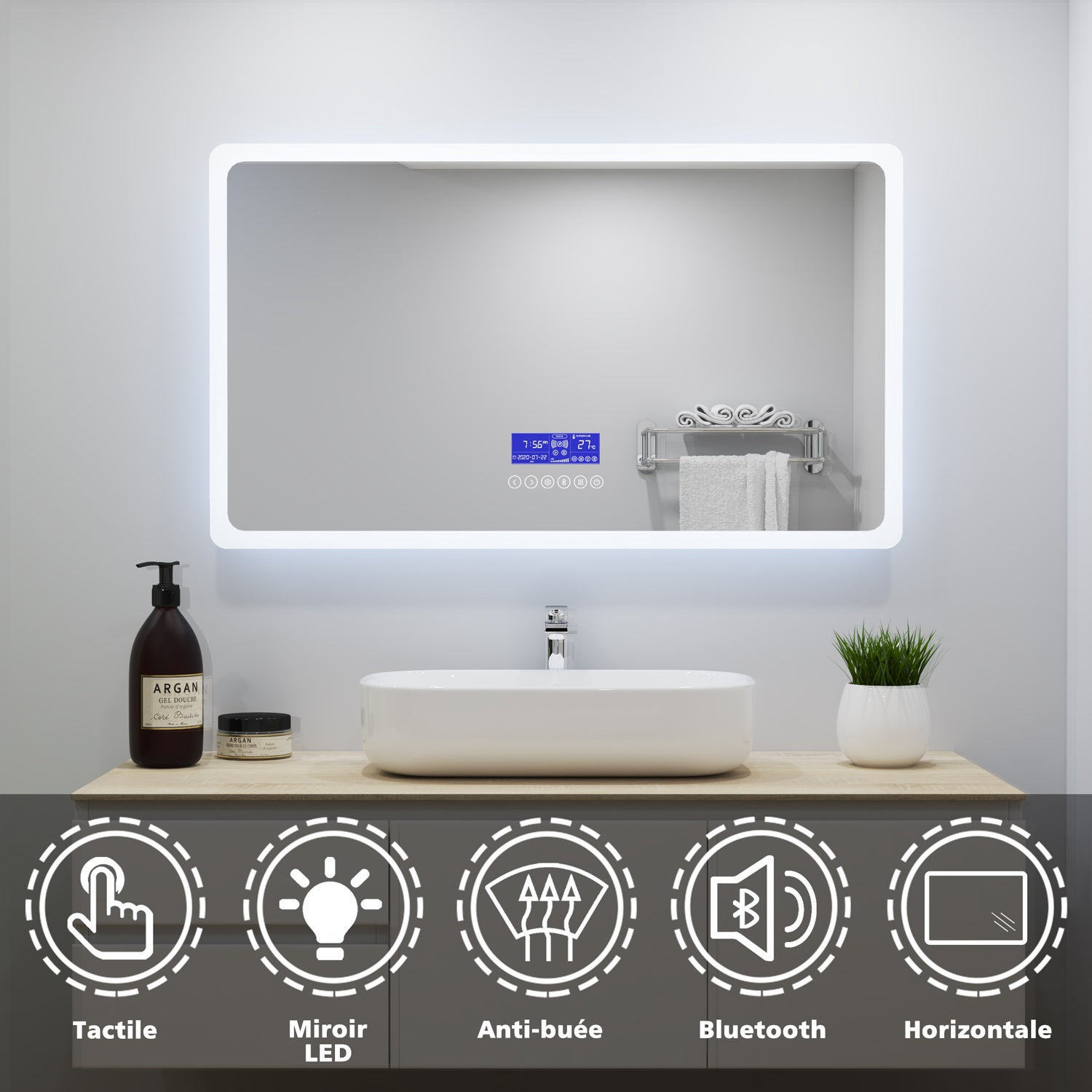 S'bagno Irrégulier Miroir Salle De Bain Avec Eclairage 60x90cm, Bluetooth Miroir Salle De Bain LED, Anti-buée, 3000K-6500K, Dimmable, Mémoire, IP44 Miroir Lumineux Salle De Bain, Horizontal/Vertical - 7